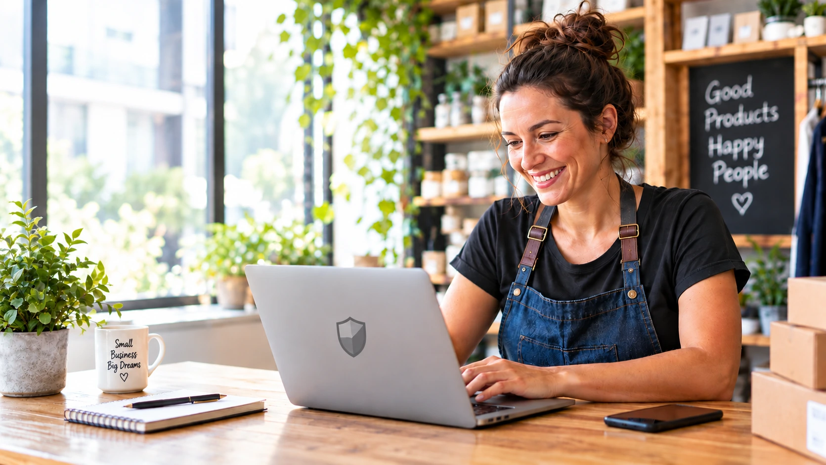 Smiling small shop owner working on a laptop at her counter